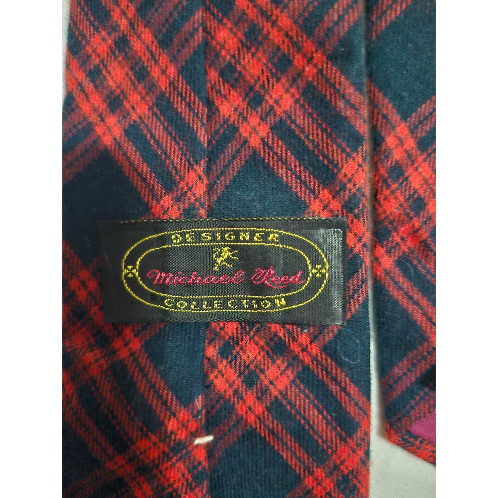 Michael Reed Designer Collection Red Navy Blue Plaid Wool Cotton Blend Necktie - Picture 5 of 5